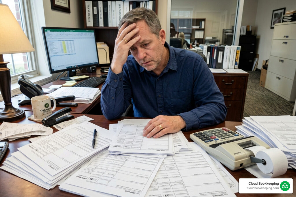 1099 NEC filing assistance stressed business owner with tax forms - 1099 NEC filing assistance