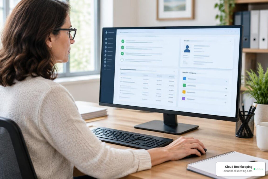 Bookkeeper preparing contractor records and reviewing a QuickBooks 1099 e-file workflow on a desktop computer
